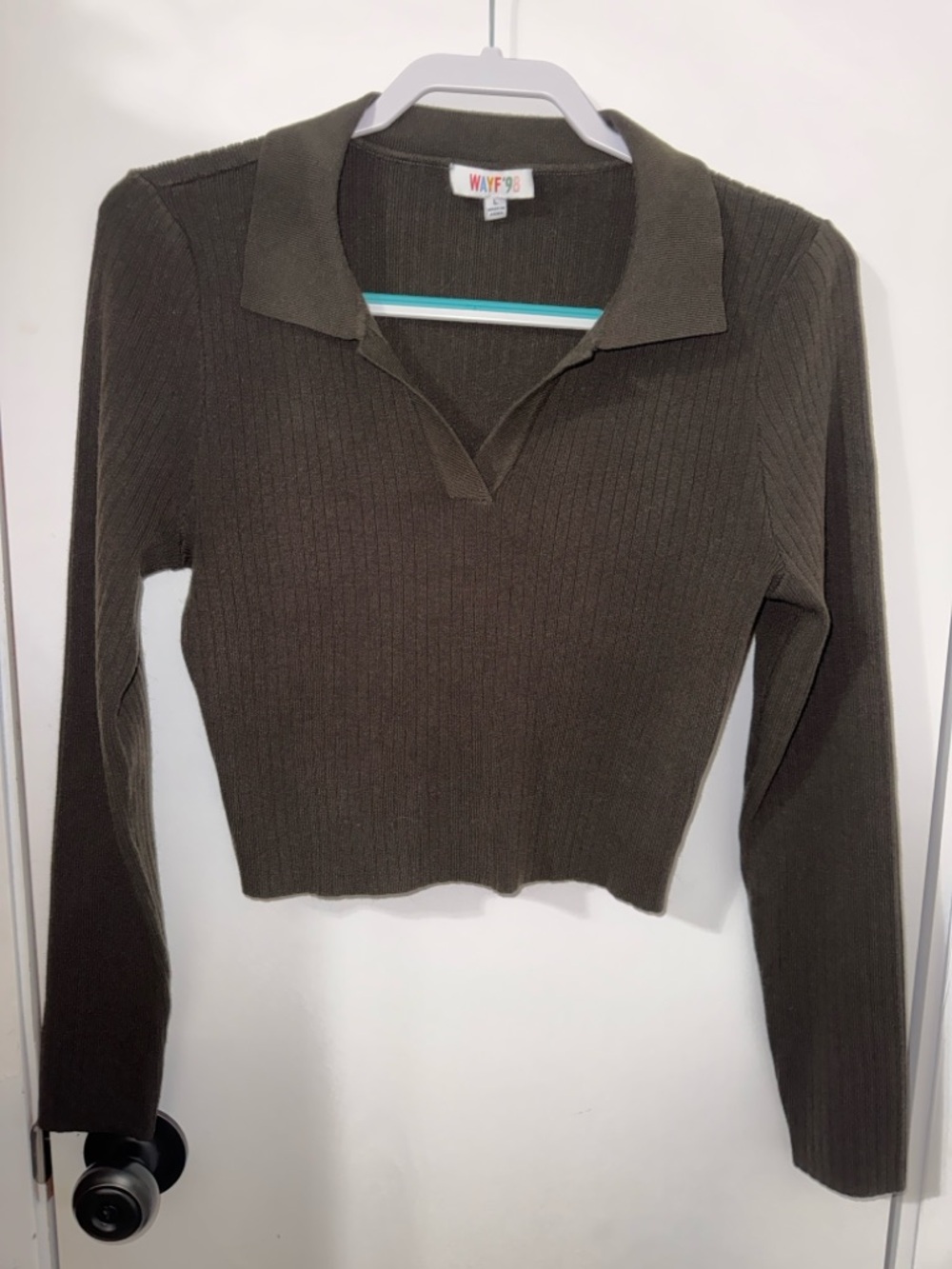 Wayf Olive Ribbed Collared Long-Sleeve Knit Top